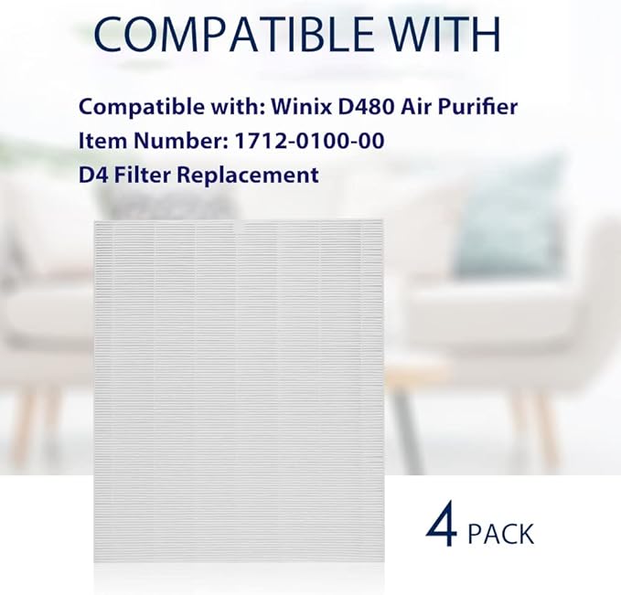 D480 Replacement Filter D4 Compatible with Winix D480 Air Cleaner Purifier Ture HEPA Only, Item Number 1712-0100-00, D4 Filter 4 Pack