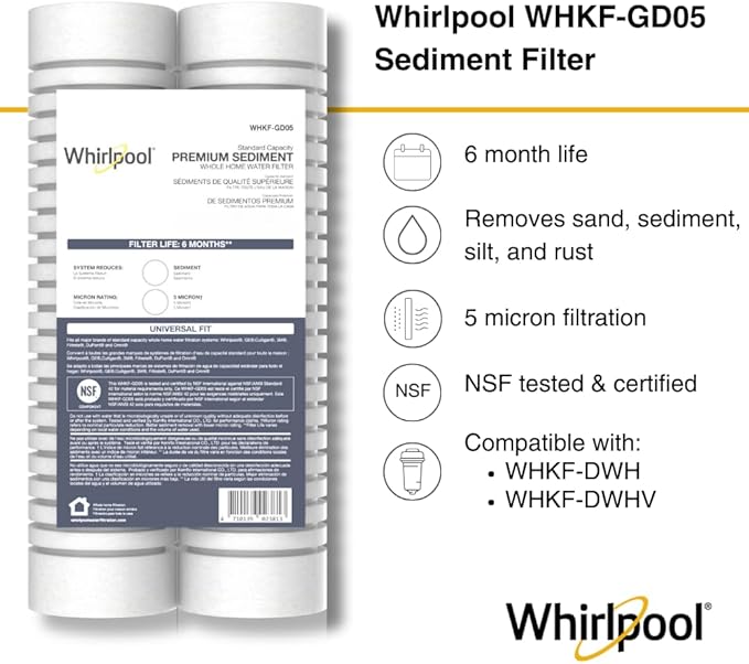 Whirlpool 10" x 2.5" Whole Home Standard Capacity Sediment Filters WHKF-GD05, 5 Micron, 6-Month Filter Life, Reduces Sediment, Sand, Soil, Silt & Rust, for standard filter housings, 2-Pack