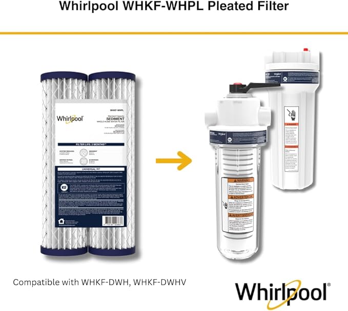 Whirlpool 10" x 2.5" Whole House Sediment Water Filters, WHKF-WHPL Pleated Filter, 20 Micron, NSF Certified Reduces Sand, Soil, Silt & Rust for Standard Filter Housings, 2-Pack