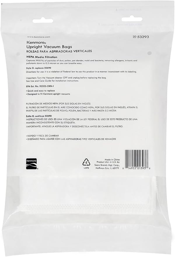 Kenmore 53293 Style O HEPA Cloth Vacuum Bags for Kenmore Upright Vacuum Cleaners 2 Pack,White