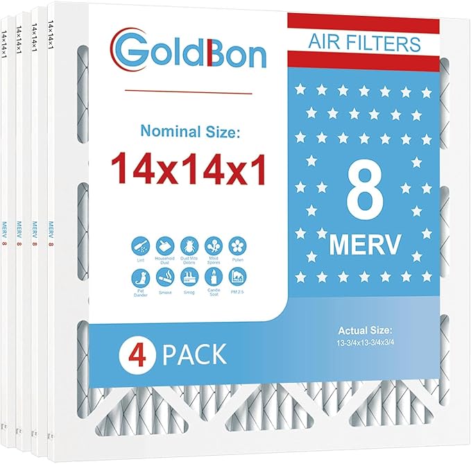 14x14x1 Air Filter 4 Pack MERV 8 MPR 700 FPR 5- GoldBon AC Filter USA Design- Electrostatic Pleated Air Conditioner HVAC AC Furnace Filters for Pollen, Smoke,Pet Dander