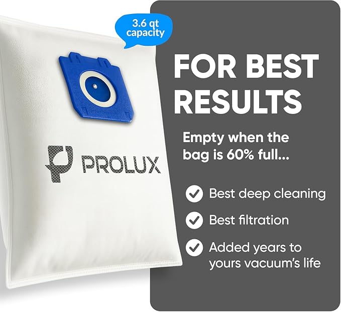 6 pack of HEPA bags and 2 post Filters for the Prolux 6000/7000/8000/9000 series upright vacuum cleaners