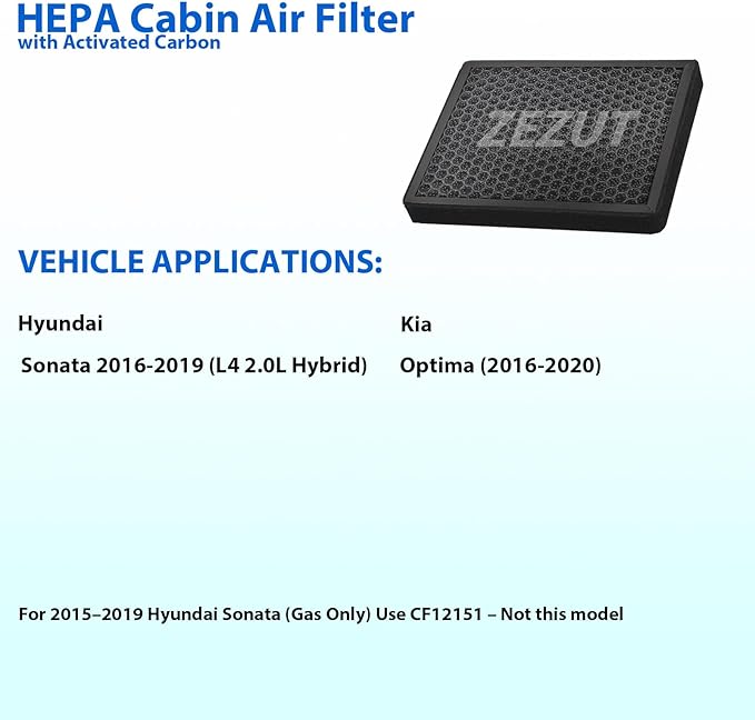 Cabin Air Filter, for 2016-2019 Hyundai Sonata (L4 2.0L Hybrid Only) & Kia Optima (2016-2020) (CF12159)