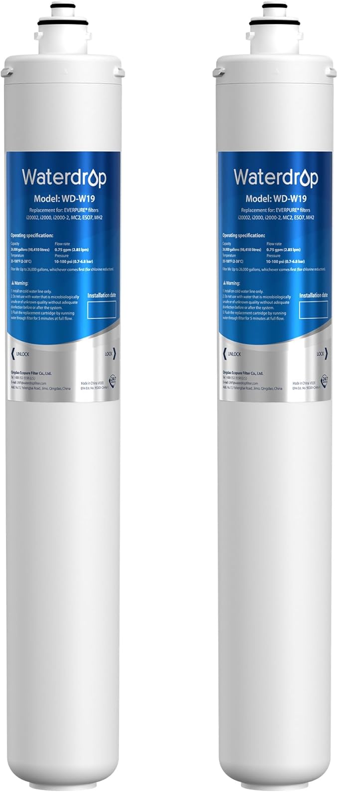 Waterdrop I2000 2 Under Sink Water Filter, Replacement for Everpure i2000, EV9612-22, MC2, ESO7, MH2, EV9612-56, EV9607-25, EV9613-21, 26K Gallons, Pack of 2