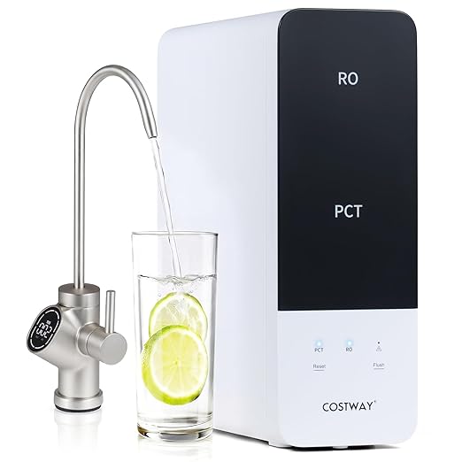 COSTWAY AW-RB05 Alkaline PH+ Reverse Osmosis Water Filter, 800 GPD Tankless Under-Sink RO System with 8-Stage Filtration, Smart LED Faucet, 2:1 Pure to Drain Ratio, High-Efficiency Water Purification