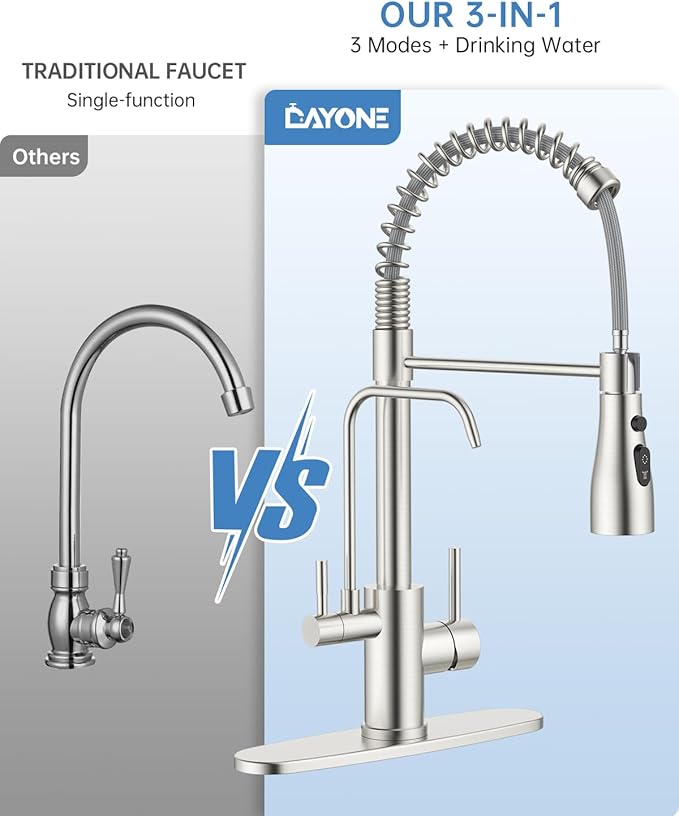 DAYONE Kitchen Faucet with Water Filter and Sprayer, 3 in 1 Pull Down Faucet with Purfied Water Faucet, 20 Inches High Arc Kitchen Water Filter Faucet, Brushed Nickel (Without Filtration Device)