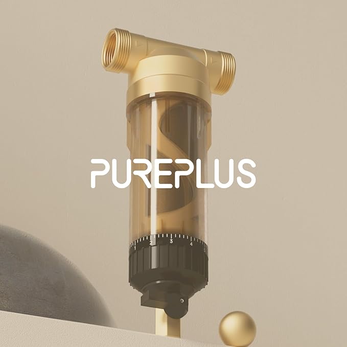 PUREPLUS 40 Micron Whole House Spin Down Sediment Water Filter With Scrapper, Reusable Flushable Pre-Filtration System for City/Tap water, 1" MNPT + 3/4" FNPT + 3/4"MNPT, Brass, BPA Free, USA Tech
