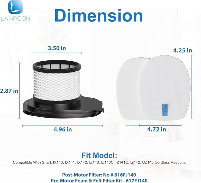 IX141 Filters Fit for Shark IX141 IX140 IZ140 IX142 IZ140C IZ142 UZ145 IZ141C IX141H WZ140 WZ250 Stick Vacuum, Replace Part 616FJ140 & 617FJ140, 2 Pack Filter 4 Pack Foam & Felt Filter Kit