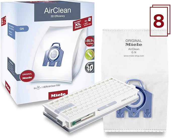 Miele AirClean 3D Efficiency Dust Bag, Type GN, Allergy XL-Pack, 8 Bags, 2 Pre-Motor Filters, and 1 HEPA Filter