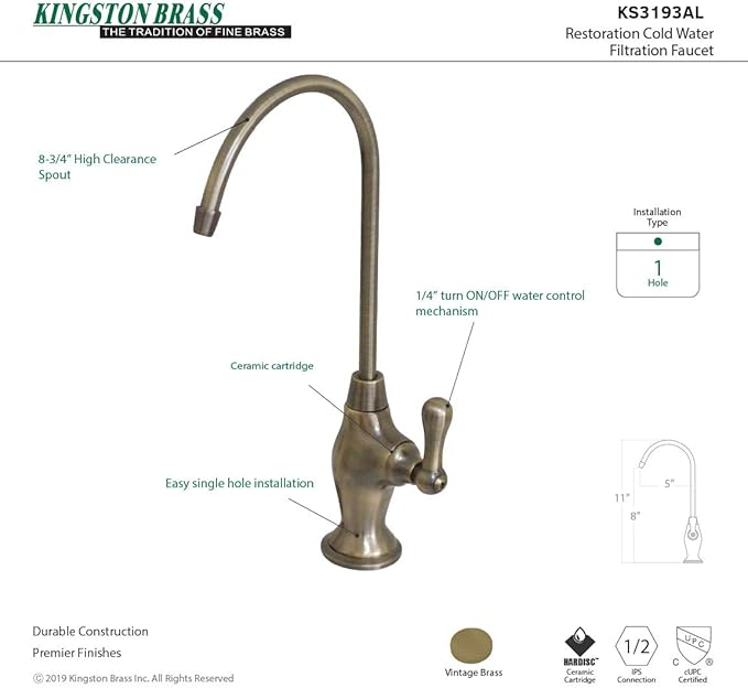 Kingston Brass KS3193AL Restoration Single Handle Water Filtration Faucet, Antique Brass, 10.81 x 4.63 x 1.75