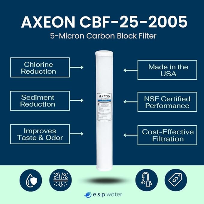AXEON CBF-25-2005 Carbon Block Water Filter 2.5 x 20 Inch – 5 Micron Sediment Filter, Chlorine Taste Odor Reduction, 20-Inch Carbon Filter Cartridge for RO Systems, 200657