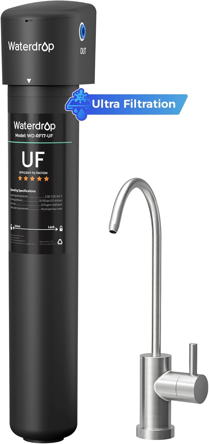 Waterdrop 17UB-UF 0.01 μm Ultra Filtration Under Sink Water Filter System, Reduces Lead, Chlorine, Bad Taste & Odor, 3 Years, with Dedicated Brushed Nickel Faucet, USA Tech