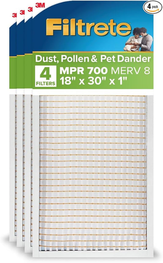 Filtrete 18x30x1 AC Furnace Air Filter, MPR 700, MERV 8, Tough on Pollen, Easy on Airflow, 3-Month Pleated 1-Inch Electrostatic Air Cleaning Filter, 4-Pack (Actual Size 17.81 x 29.81 x 0.81 in)