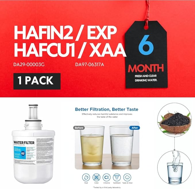 HAFCU1/XAA - HAFIN2/EXP Water Filter Replacement – Compatible with DA29-00003B DA29-00003F DA29-00003G – Carbon Block Filtration – Fresh Water & Ice – 6 Month Life 1 PACK