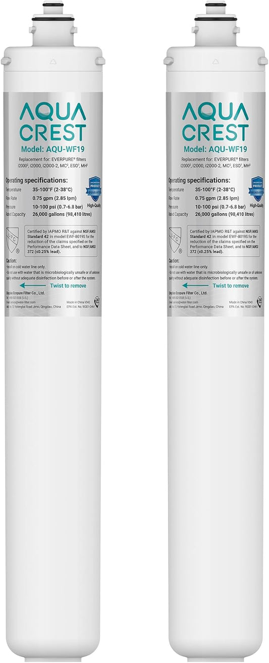 AQUA CREST I2000 2 Under Sink Water Filter, Replacement for Everpure i2000, EV9612-22, MC2, ESO7, MH2, EV9612-56, EV9607-25, EV9613-21, NSF/ANSI 42 Certified, 26K Gallons, Pack of 2