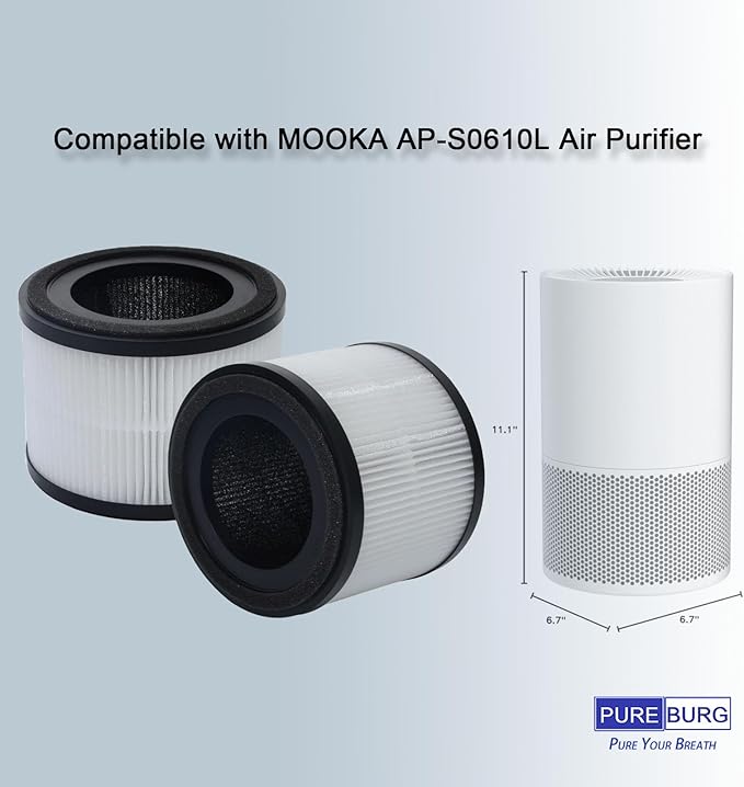 PUREBURG Replacement Filter Compatible with MOOKA AP-S0610L Air Purifier, 2-Pack H13 HEPA 3-Stage Filtration Activated Carbon 2-in-1 Air Clean Dust VOCs Odor
