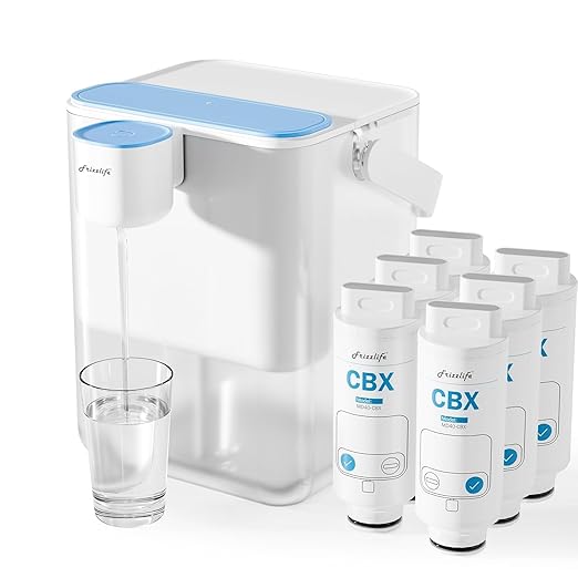 Frizzlife MD40 Electric Water Filter Dispenser with 6 Filters, 400 Gallon, NSF/ANSI 53&42&372, Reduce Lead, PFAS, 6 Months Filter Life Pitcher, Countertop Rechargeable Instant System