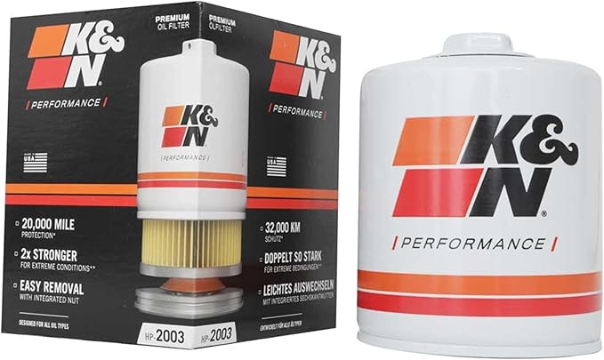 K&N Premium Oil Filter: 20,000 Mile Engine Protection with Wrench Off Nut: Compatible with Select JEEP/AMC/BUICK/PONTIAC Vehicle Models (See Product Description for Select Models), HP-2003