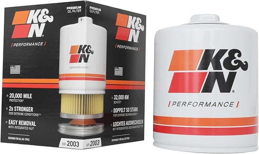 K&N Premium Oil Filter: 20,000 Mile Engine Protection with Wrench Off Nut: Compatible with Select JEEP/AMC/BUICK/PONTIAC Vehicle Models (See Product Description for Select Models), HP-2003