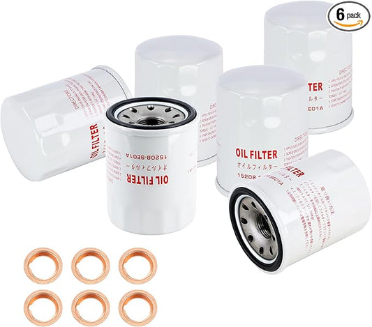 6 Pack Engine Oil Filter 15208-9E01A with Drain Plug Washer 11026-JA00A Fits for Nissan Altima Armada Frontier GT-R Maxima NV Pathfinder Quest Sentra Titan Xterra Replaces# 15208-31U0D, 15208-31U0C