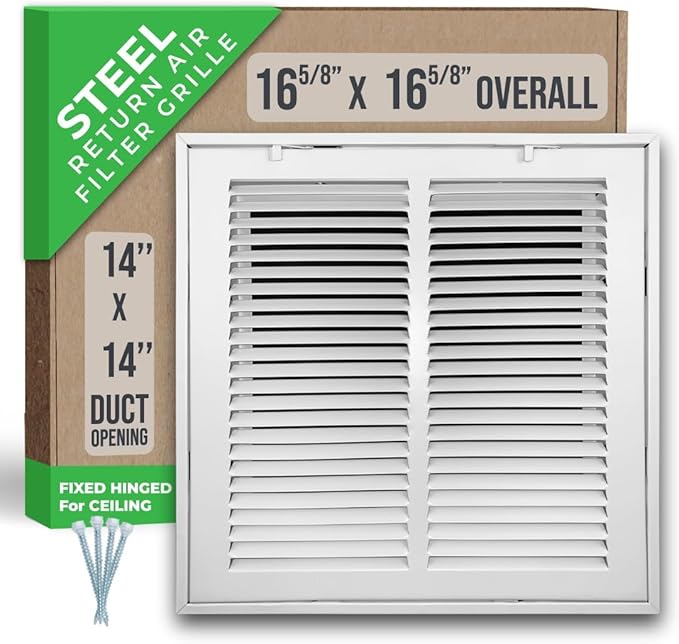 Fits 14x14 Duct Opening | Steel Return Air Filter Grille by Handua [Fixed Hinged] for 1-inch Filters | Vent Cover Grill for Sidewall and Ceiling | White | Outer Dimensions: 16 5/8"W X 16 5/8"H