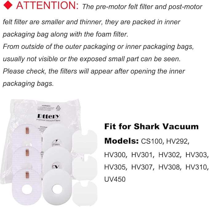 Dttery 3 Post + 3 Foam & Felt Filters Kit Replacement for Shark Rocket Ultra-Light Vacuum HV292, HV300, HV300W, HV301, HV302, HV303, HV305, HV308, HV310, UV450 Part XFFV300