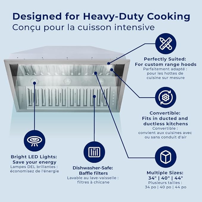 Hauslane Range Hood Insert 46 Inch Pro-Style - Stainless Steel Built-In Vent with 800 CFM Suction, Quiet Operation, LED Lights, 3-Speed Fan, 21" Deep, Ducted/Ductless Convertible for Insert Mount