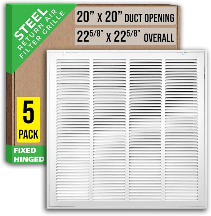 [5 Pack] Fits 20x20 Duct Opening | Steel Return Air Filter Grille by Handua [Fixed Hinged] Vent Cover Grill for Sidewall and Ceiling | White | Outer Dimensions: 22 5/8"W X 22 5/8"H