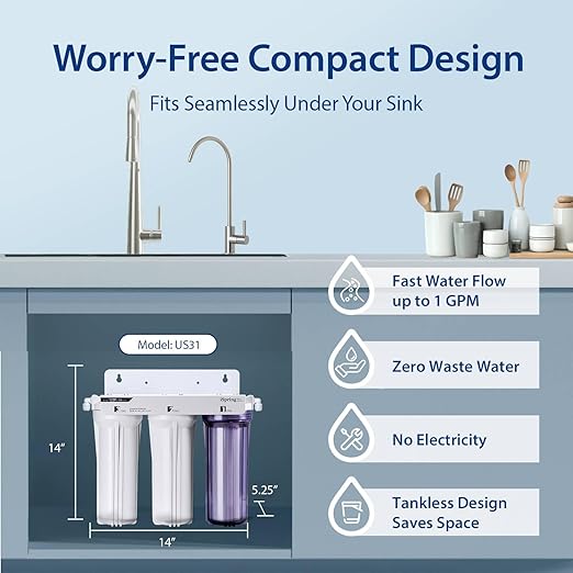 iSpring US31 Classic 3-Stage Under Sink Water Filtration System, Tankless, High Capacity, Sediment + Carbon + Carbon & F3 6-Month Prefilter Replacement Supply Filter Cartridge Pack Set, F3, White