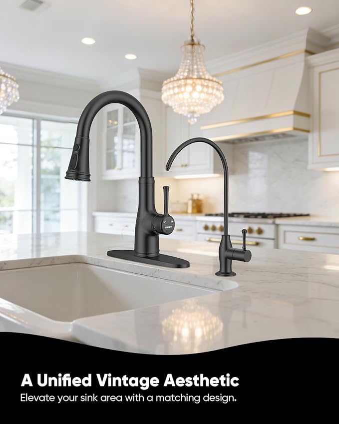 WEWE Vintage Drinking Water Faucet, Lead-Free Stainless Steel Kitchen Water Filter Faucet for Reverse Osmosis System, Non-Air Gap RO Beverage Faucet, Matte Black