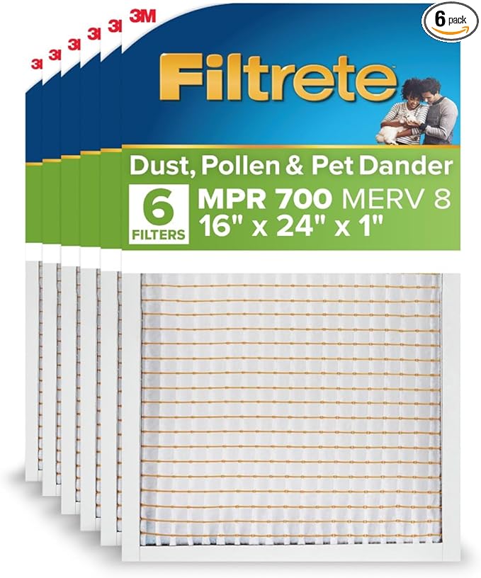 Filtrete 16x24x1 AC Furnace Air Filter, MPR 700, MERV 8, Tough on Pollen, Easy on Airflow, 3-Month Pleated 1-Inch Electrostatic Air Cleaning Filter, 6-Pack (Actual Size 15.81 x 23.81 x 0.81 in)