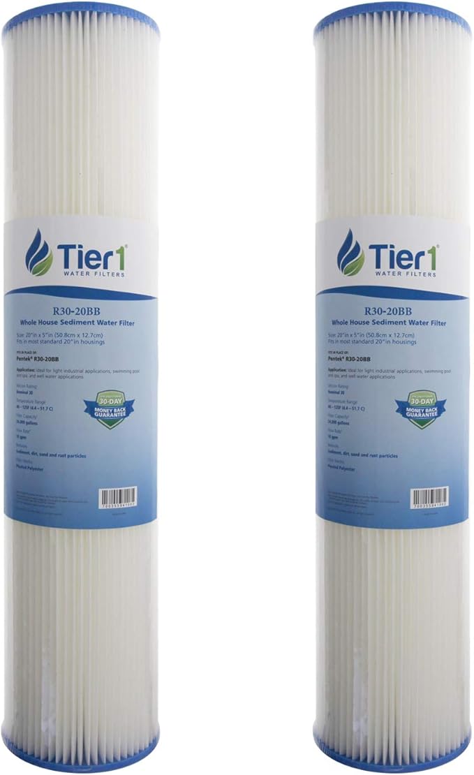 Tier1 30 Micron 20x4.5 Water Filter | Whole House Sediment Water Filter | Pleated Polyester Cartridge | Replacement for Pentek R30-20BB, 155430-43, SPC-45-2030 | High-Flow 4.5 x 20 Water Filter (2pk)