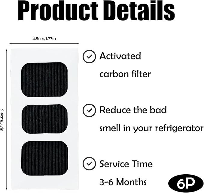 6-Pack Refrigerator Air Filter Replacement - Universal Fit for Odor Reduction & Freshness, Compatible with Frigidaire Paultra2, PureAir Ultra 2, Pure Air Ultra II and Electrolux Part Models