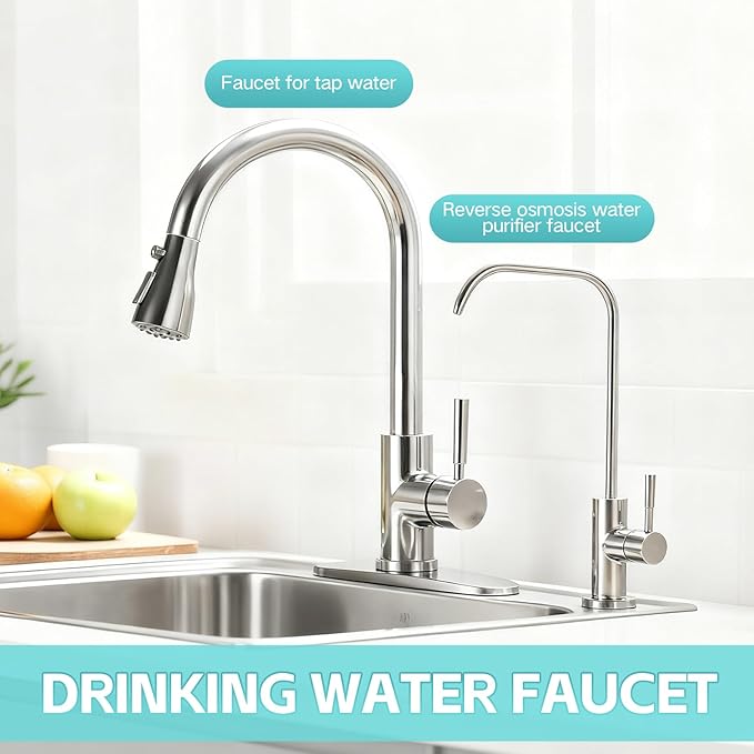 Drinking Water Faucet, Lead-Free Kitchen Water Filter Faucet for Reverse Osmosis or Water Filtration System, RO Faucet, Brushed Nickel (Silver)