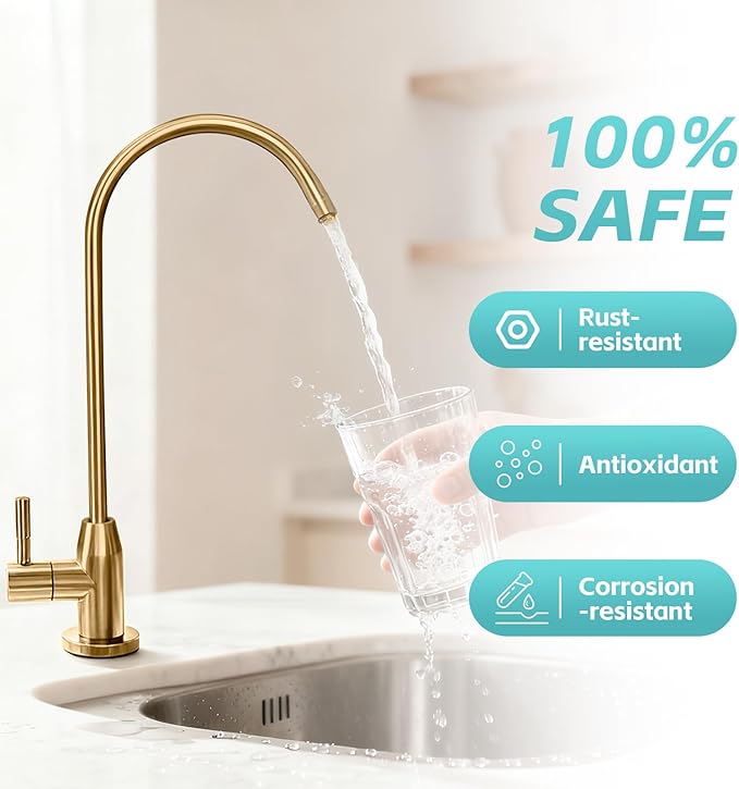 Drinking Water Faucet, Lead-Free Kitchen Water Filter Faucet for Reverse Osmosis or Water Filtration System, RO Faucet, Brushed Nickel (Golden)