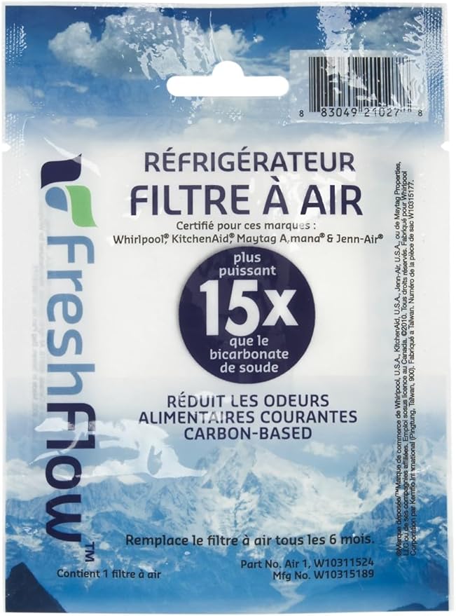 Whirlpool W10311524 FreshFlow™ Refrigerator Air Filter – Genuine OEM Carbon Filter for Odor Reduction – Replaces AIR1, W10315189, 1876318, PS2580853 – Fits Whirlpool, Maytag, KitchenAid, JennAir
