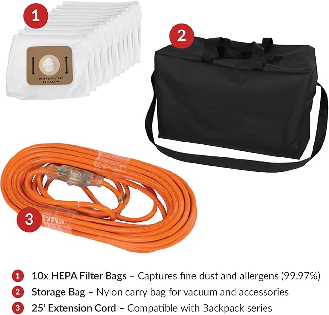 Atrix Ergo Backpack Vacuum VACBP1-PK – Pro Clean Kit with 10 HEPA Filters, Storage Bag & 25ft Extension Cord