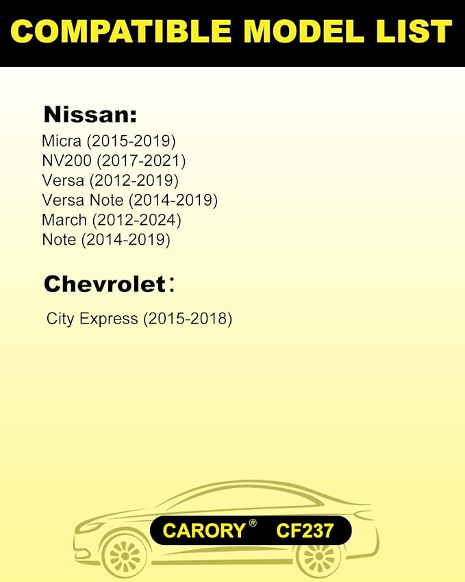 Cabin Air Filter w/Activated Carbon for Nissan Versa (2012-2019), NV200 (2017-2021), Micra, March, Note, Chevy City Express; OE# 27277-1KK0A, 27278-1KK0A, 27277-9ME0A, CF12237, XC10475, 93952