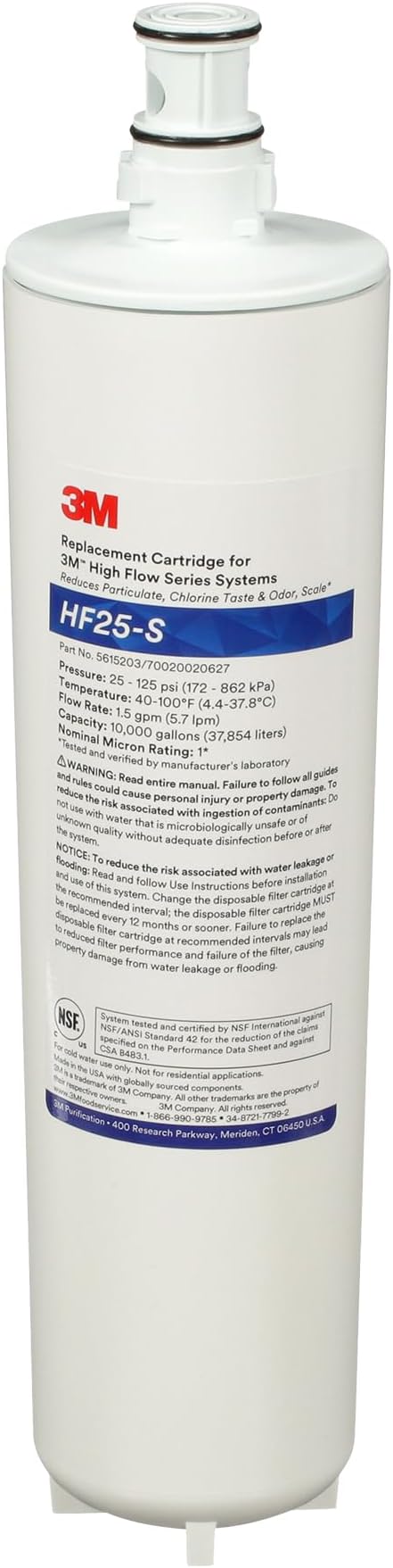 3M HF25-S High Flow Series Genuine Replacement Filter Cartridge for ICE125-S Water Filter System, Reduces Chlorine, Taste and Odor, Scale, and Particulate 1 Micron, 1.5 gpm, 5615203