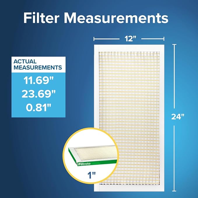 Filtrete 12x24x1 AC Furnace Air Filter, MPR 700, MERV 8, Tough on Pollen, Easy on Airflow, 3-Month Pleated 1-Inch Electrostatic Air Cleaning Filter, 6-Pack (Actual Size 11.69 x 23.69 x 0.81 in)