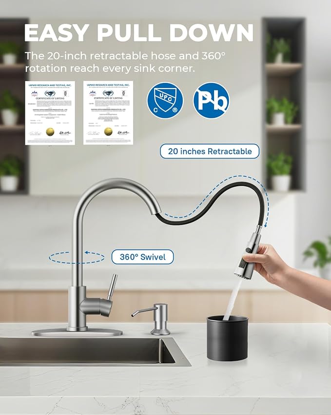 WEWE Kitchen Faucet with Soap Dispenser and Pull Down Sprayer, RV Single Handle Classic 3 Modes Stainless Steel Faucet for Kitchen Sink, RV, Stainless Steel