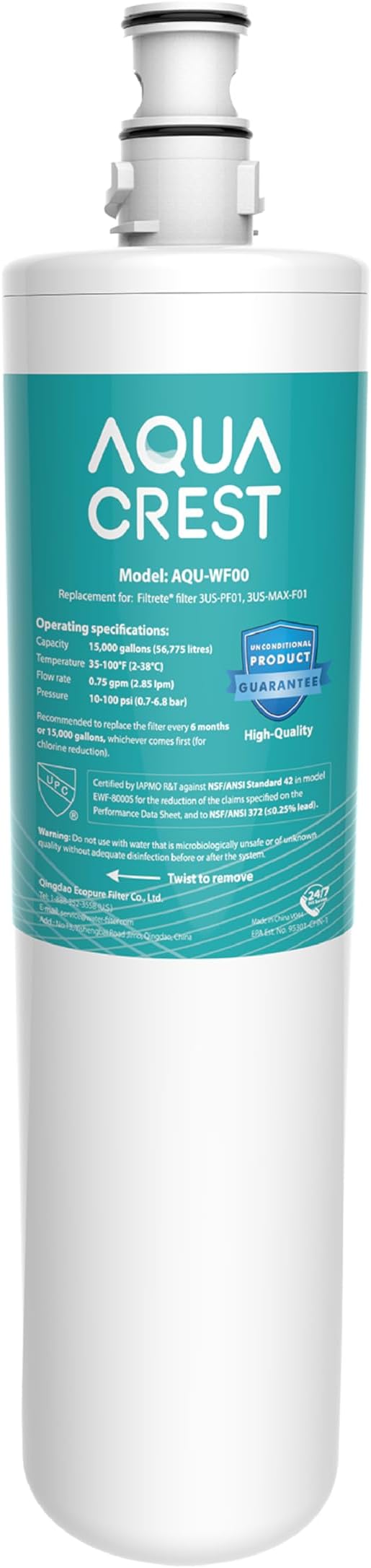 AQUACREST 3US-PF01 Under Sink Water Filter, NSF 42 Certified Replacement for Advanced 3US-PF01, 3US-MAX-F01H, 3US-PF01H, Delta RP78702, Manitowoc K-00337, K-00338 Water Filter (Pack of 1)