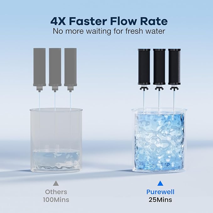 Purewell 2.25G Gravity-fed Water Filter System with 3 Filters, 3-Stage Ultra-Filtration Stainless Steel Countertop System with Water Level Window, Reduce 99% Chlorine, 9,000G Filter Capacity, PW-KS-3C