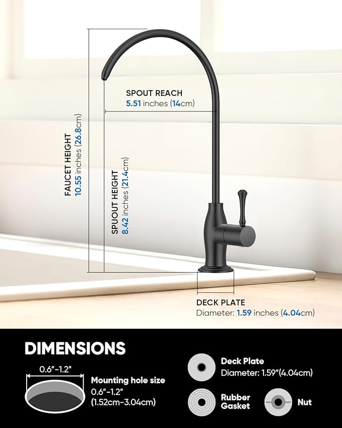 WEWE Vintage Drinking Water Faucet, Lead-Free Stainless Steel Kitchen Water Filter Faucet for Reverse Osmosis System, Non-Air Gap RO Beverage Faucet, Matte Black