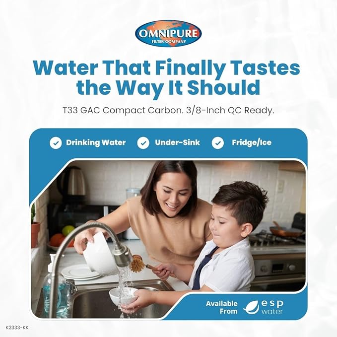 Omnipure K2333 Inline Carbon Water Filter 3/8 Inch Quick Connect GAC T33 2 x 6 Inch Cartridge for RO Systems Ice Makers Under Sink Use K2333-KK