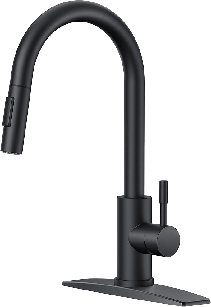 FORIOUS Black Kitchen Faucet with Pull Down Sprayer, High Arc Modern Classic Sink Faucet Stainless Steel with Deck Plate Fit for 1 or 3 Hole for Pot Filler Bar Farmhouse Laundry Rv