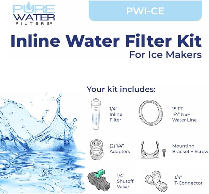 PureWater Filters Inline Water Filter Kit for Ice Maker with 1/4-Inch Direct Quick-Connect Fittings, Tubing and a T-Connector