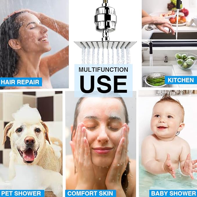 Chrome 15 Stage Shower Head Filter for Hard Water - High Output, Reduces Chlorine, Soothes Dry Skin & Itchy Scalp - Includes 3 Replaceable Filter Cartridges