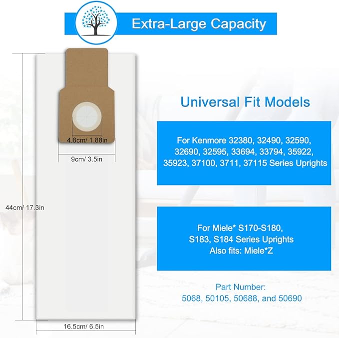 Type U/L/O Vacuum Bags for Kenmore 5068, 50688, 50690, 50105 Upright Vacuum, Style U, L, O Paper Bags for Miele Type Z, S170-S180, S183, S184, for Panasonic Type U-2, 8 Pack, with 1 Foam Filter