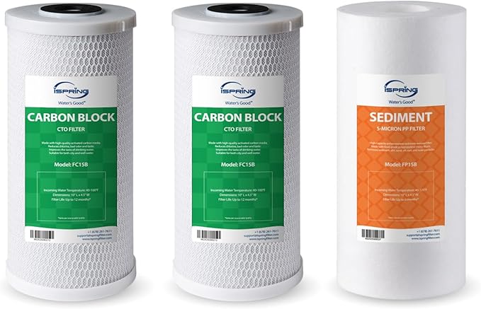 iSpring F3WGB31B Whole House Water Filter Replacement Pack with Sediment and Carbon Block Filters, Reduces up to 99% Chlorine, Sediments, Taste, Odor, Up to 12 Months, 4.5” x 10”, Fits WGB31B